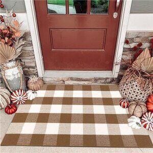 Fall Door Mat Front Door Rug Farmhouse Brown and White Buffalo Check